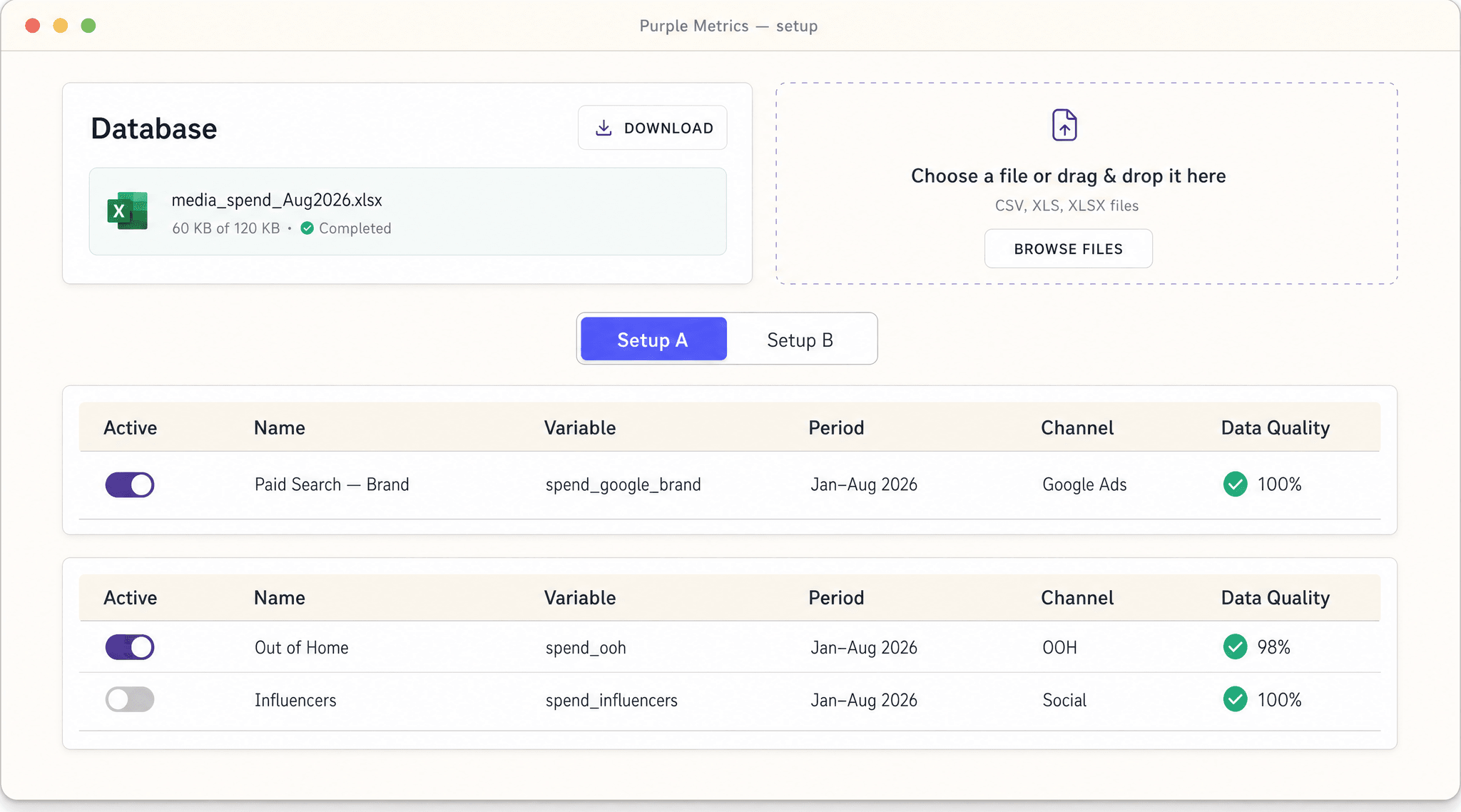 Database setup and variable tables